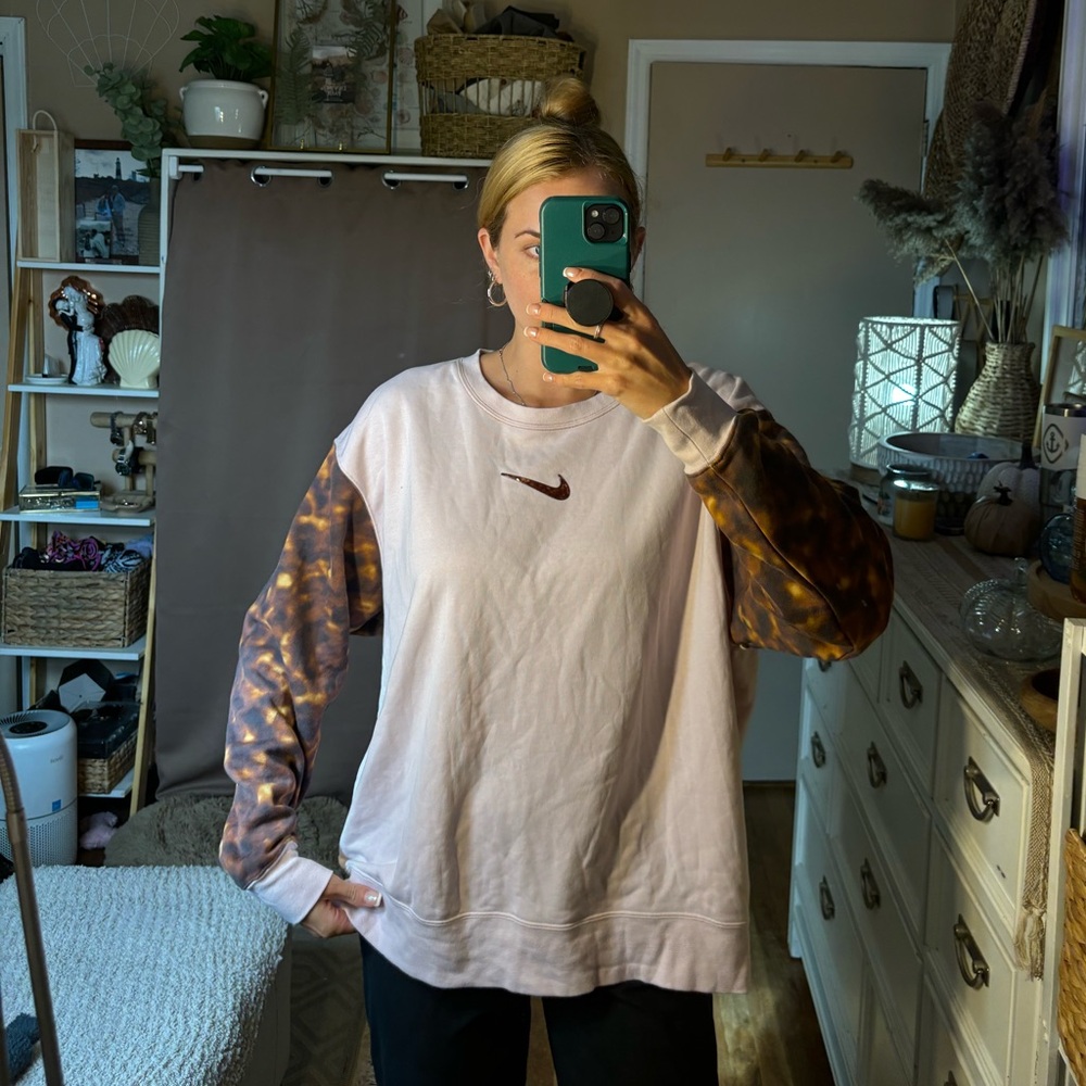 Nike Women's Crewneck Sweatshirt in Light Pink with Brown Tie-Dye Sleeves
